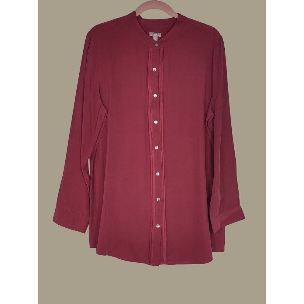 J. Jill Vintage Burgundy 100% Silk Long Sleeved Button Front Blouse Size XL
